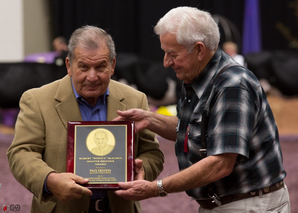Paul Ekstein receiving the Robert “Whitey” McKown Master Breeder Award from life long friend Bert Stewart