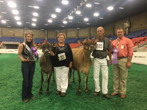 Junior Champions. Congratulations to John and Donna Griewe and family of Mill Valley Farms with DKG Tequila Lilac. Taking Reserve honors was Tequilla Fanny owned by Rider Jersey Farm. Placing the classes today is judge Dean Dohle. Helping with presentations is Kentucky Jersey Queen Emily Goins. Photo Jersey Journal