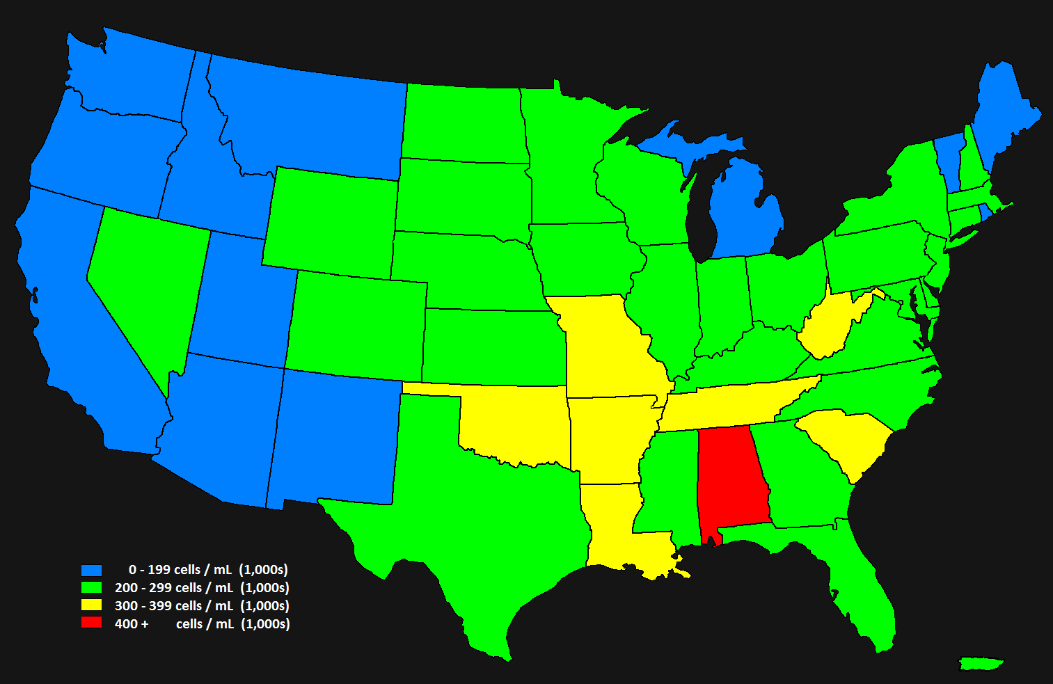 Figure 1. Average test-day somatic cell count from Dairy Herd Improvement herds during 2012 by State