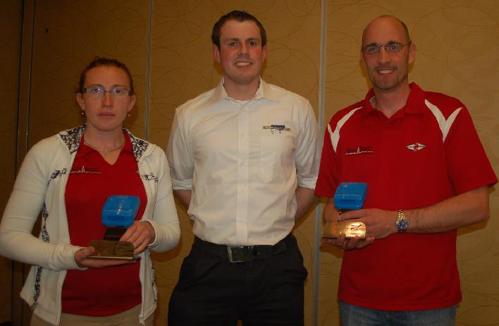 Julia James (left), Select Sires Canada, and Matt Hershey, Select Sire Power, receive their Select Detect Specialists of the Year awards from Paul Kelly of Dairymaster.