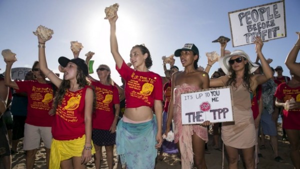 Protestors gather on the beach near the hotel where the Trans-Pacific Partnership meeting is being held in Hawaii. 