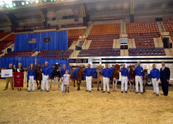 Champion Best Bred and Owned animals representing each of the seven breeds pose for a photo following the 2016 All-American Dairy Show Supreme Champion Pageant on Thursday, Sept. 22 at the PA Farm Show Complex and Expo Center in Harrisburg. (L-R) Jon Parmer of M.H. Eby Trailers, Erin Curtis-Szalach, Jim Curtis, Claire Burdette, Reese Burdette, Tim Coone, Kyle Barton, Chris Reichard, Connor Savage, Jason Loid and Agriculture Secretary Russell Redding