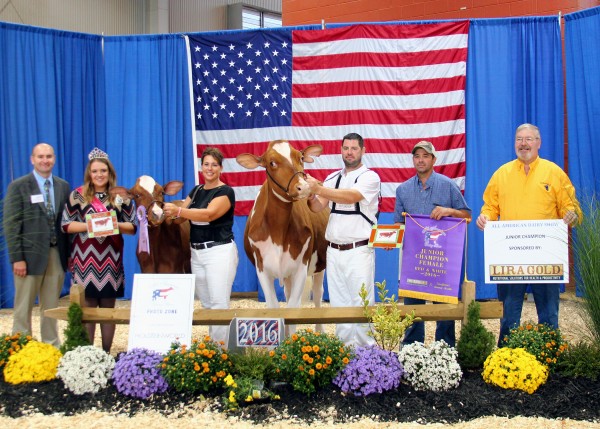 Congratulations to Natalie Youse of Ridgely, Md. for winning Junior Champion Red and White of the 2016 All American Open Red and White Show, with Budjon-Vail HZ Lacey-Red-ET, on Sept. 20 at the Farm Show Complex and Expo Center in Harrisburg, Pa. Eric Smith of Clear Spring, Md. took home Reserve Junior Champion Red and White honors with Greenlea AD Avery Red-ET. (L-R) Judge Lynn Harbaugh; National Red and White Queen McKenna Coffeen; Jennifer Hill; Matt Hawbaker; Scott Youse; Dan Clark of LiraGold.
