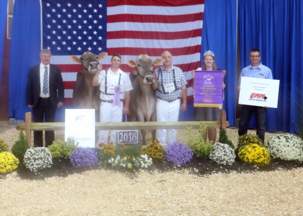 Congratulations to Ken Main and Peter Vail of Copake, N.Y., for winning Senior Champion Brown Swiss of the 2016 All American Open Brown Swiss Show with Fulp Agenda Snickers, on Sept. 22 at the Farm Show Complex and Expo Center in Harrisburg, Pa. Kendrick Whitney of Fort Ann, N.Y., took home Reserve Senior Champion Brown Swiss honors with Whitland Trump Snowup ET. (L-R): Judge Callum McKiven, Joe Brinton on halter, Bill Taylor on halter, PA Alternate Dairy Princess Lydia Szymanski, and Jon Higinbotham representing EMM Sales & Service, Inc.